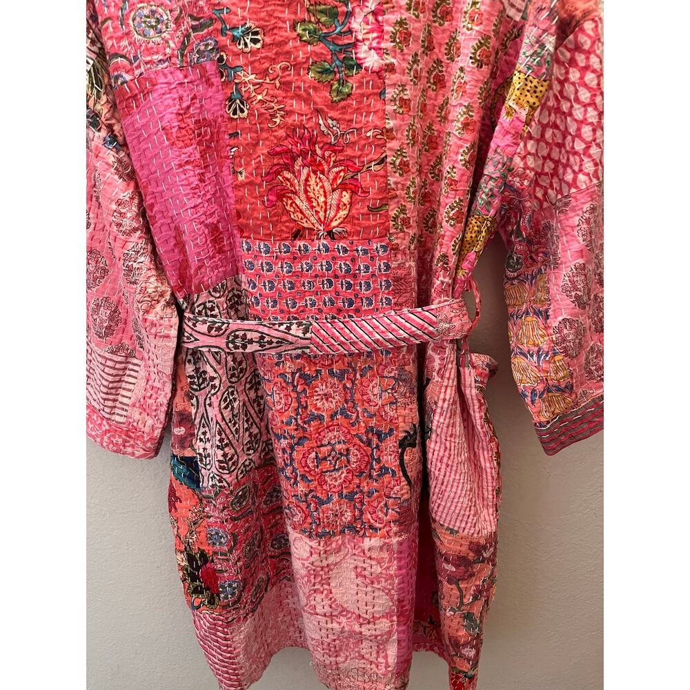 Pink 100% Cotton Kantha Quilted Robe Patchwork Kimono Boho Belted One Size - Picture 7 of 7